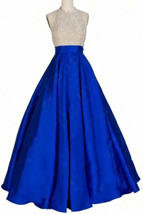 Navy Blue Satins Sequins A-line Halter Plus Size Long Evening Dresses，simple Graduation Dresses