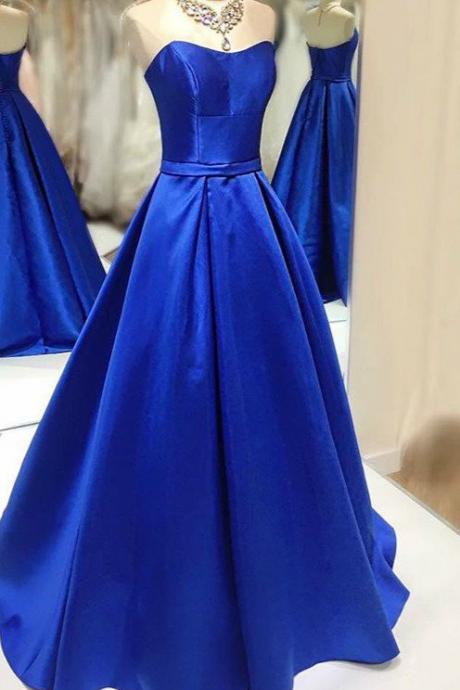 Navy blue satins sweetheart A-line long dresses,simple prom dresses for graduation