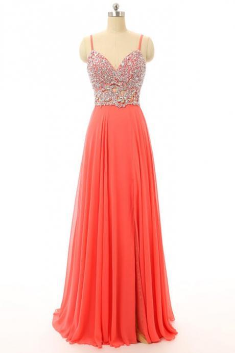 Orange Chiffon Beaded V-neck A-line Open Back Long Evening Dresses For Teens,long Prom Dress With Straps