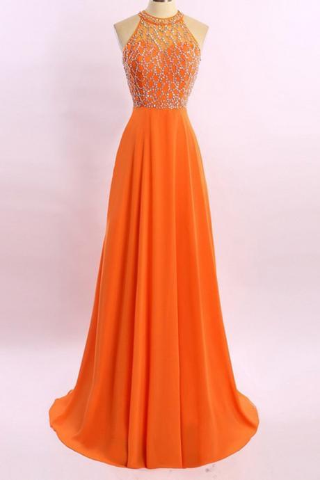 Orange Chiffon See-through Beading Rhinestone A-line Long Prom Dresses ,shining Evening Dresses