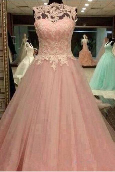 Peach Organza Lace Applique Round Neck A-line Long Prom Dresses For Teens ,evening Dresses