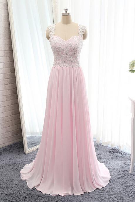 Pink Chiffon Lace Beading A-line Simple Long Prom Dresses For Teens With Straps