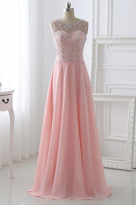 Pink Chiffon Round Neck A-line Beading Simple Long Prom Dresses For Teens With Straps