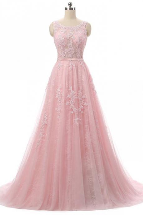 Pink Lace Tulle Round Neck Applique Open Back A-line Long Evening Dresses For Teens