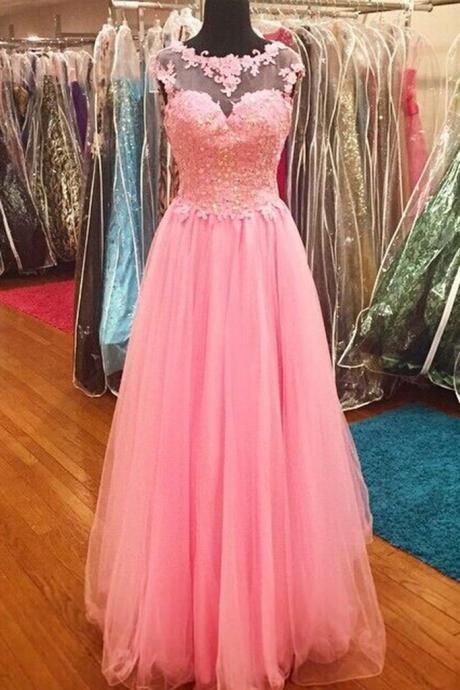 Pink Tulle Round-neck Sequins Lace Princess A-line Long Prom Dresses Graduation Dress For Teens