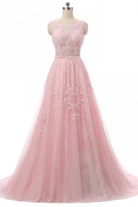 Pink Tulle Round Neck Applique A-line Long Evening Dresses ,open Back Long Prom Dress