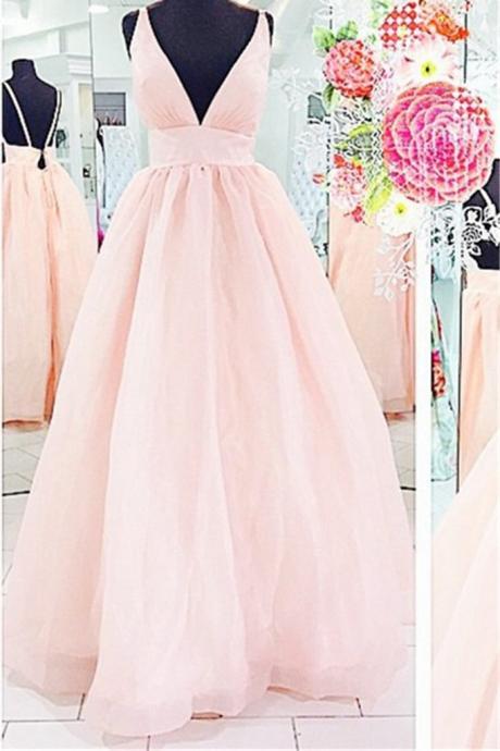 Pink Tulle V-neck Open Back A-line Long Prom Dresses For Teens,elegant Evening Dress With Straps