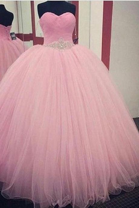 Princess pink organza sweetheart beading sequins A-line long prom dresses,ball gown dress