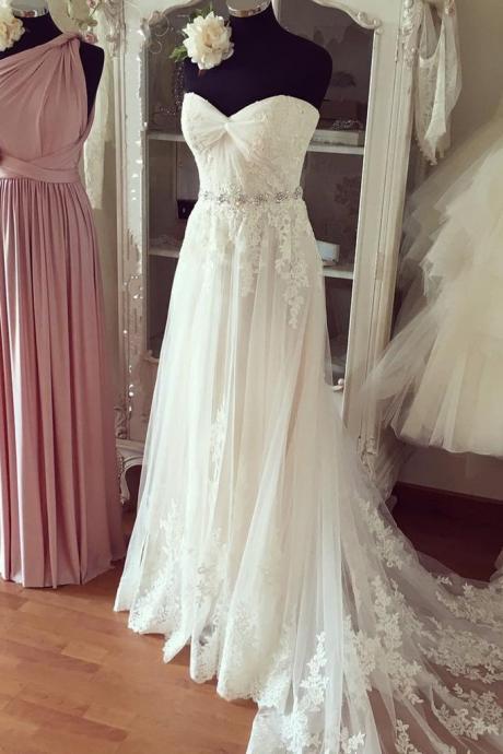 Pure White Chiffon Lace Organza Sweetheart Beading Long Train Prom Dresses,wedding Dresses