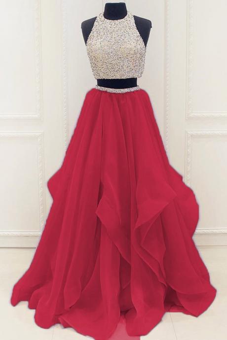Red Organza Two Pieces Sequins A-line Long Prom Dresses,simple Evening Dresses For Teens