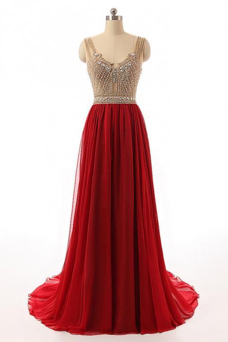 Red Tulle Round Neck Beading Rhinestone See-through A-line Princess Long Prom Dress For Teens