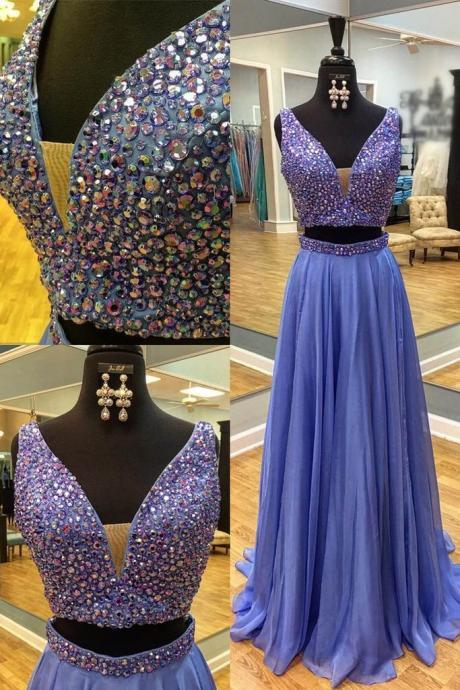 Royal blue chiffon V-neck sequins two pieces long dresses,formal dresses for teens