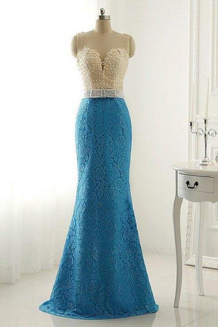 Royal Blue Lace See-through Round Neck Slim Mermaid Long Evening Dresses,formal Dresses