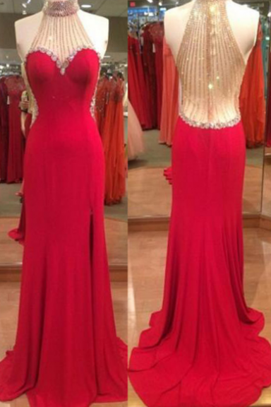 Stunning Halter Red Split Floor-length Prom Dress With Beading Rhinestones