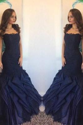 Navy Blue Prom Dress, Mermaid Long Prom Dress, 2017 Evening Dress