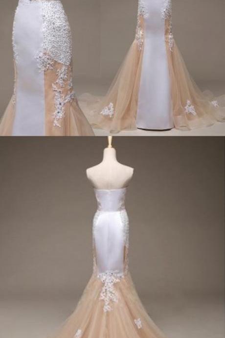 Elegant Strapless Champagne Long Prom Dress With White Lace
