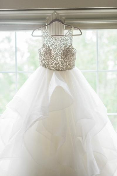 2017 White Long Wedding Dress, Scoop Beads Prom Dress