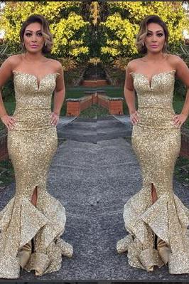 Fashion Mermaid Long Strapless Gold Sequins Prom Dress Party Dress