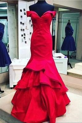 Elegant Off The Shoulder Mermaid Red Long Prom Dress Evening Dress