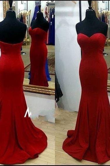 Red Satin Sweetheart Floor Length Mermaid Prom Dress Featuring Sweep Train, Formal Dress