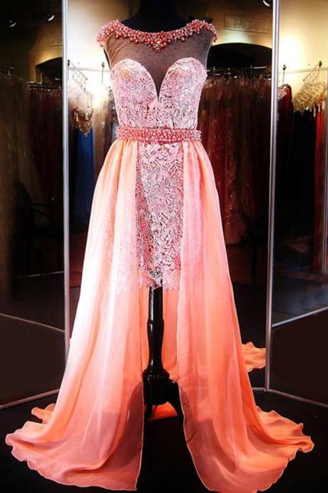A Line Bateau Cap Sleeves High Low Peach Jeweled Prom Dress With Lace