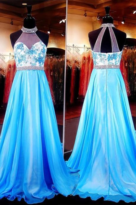 A Line High Neck Sleeveless Sweep Train Beaded Appliques Illusion Back Prom Dress
