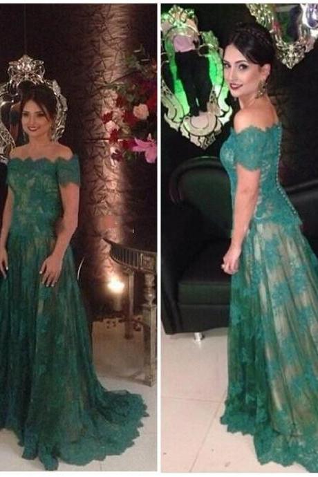 Long Prom Dresses,lace Prom Dress, Short Sleeves Prom Dress,lace Formal Gowns,a-line Evening Dresses,green Prom Dress