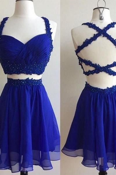 Sleeveless Two Piece Prom Dress,sexy Backless Prom Gown,royal Blue Lovely Party Dress