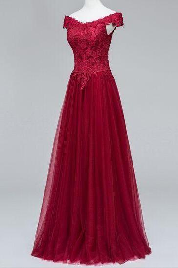 Lace Off-the-shoulder Floor Length Tulle A-line Formal Dress, Prom Dress