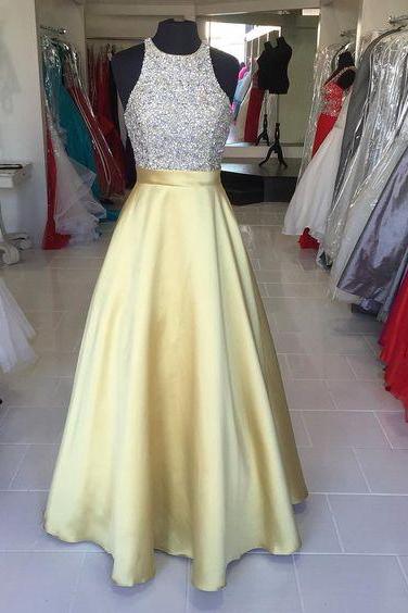 Long Beading Gold Satin Prom Gowns,o-neck Prom Party Dresses 2016, Wedding Party Dresses