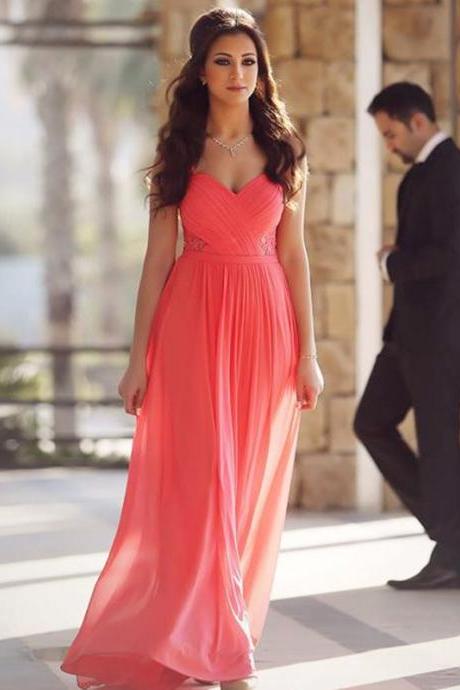 coral pink prom dress,chiffon evening dress,elegant evening gowns,long formal dress,sweetheart dresses