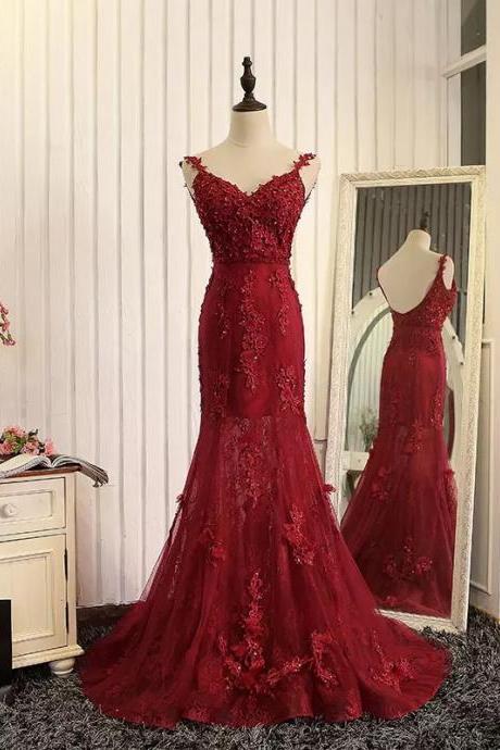 wine red evening dress,mermaid evening gowns,burgundy prom dress,lace prom dress 2017