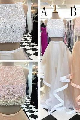 Pretty Two Pieces Beading Tulle Homecoming Dresses,handmade Prom Gowns, Prom Dress