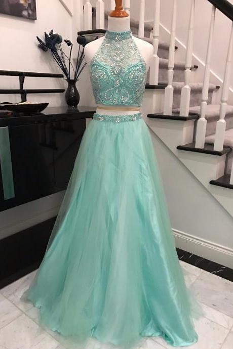 Beaded Embellished Two-piece Prom Dress Featuring High Halter Crop Top And Floor Length Tulle A-line Skirt