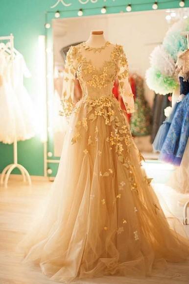Long Sleeve Gold Long Prom Dress,long Prom Dresses,charming Prom Dresses,evening Dress Prom Gowns, Formal Women Dress,prom Dress