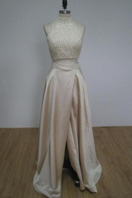 Two Pieces Ivory Beading Prom Dress,long Prom Dresses, Prom Dresses,evening Dress Prom Gowns, Custom Made Formal Women Dress,prom Dress