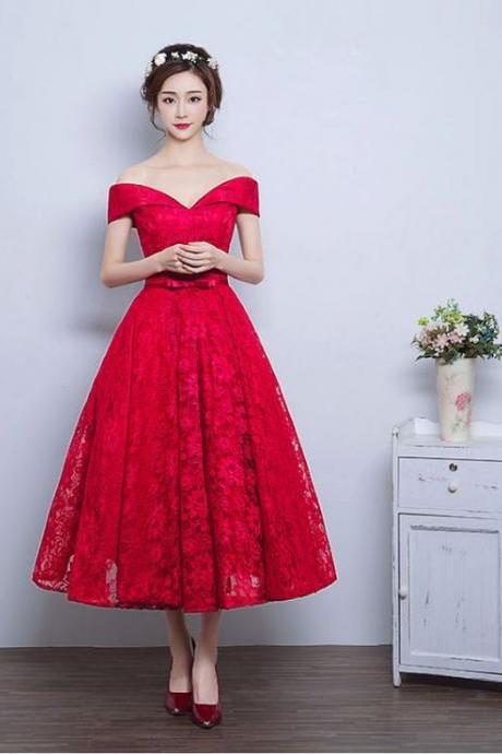 2017 Custom Made Red Lace Prom Dress,sexy Off The Shoulder Evening Dress, Ankle Length Evening Dress,sleeveless Party Dress