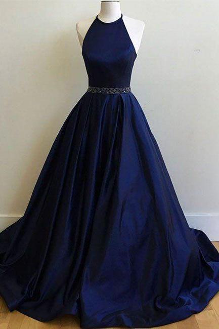 2017 Custom Made Royal Blue Prom Dress,halter Beaded Evening Dress,floor Length Party Dress,high Quality