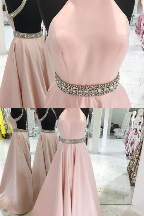 Pink Backless Beaded Prom Dress,halter Prom Dress,custom Made Evening Dress