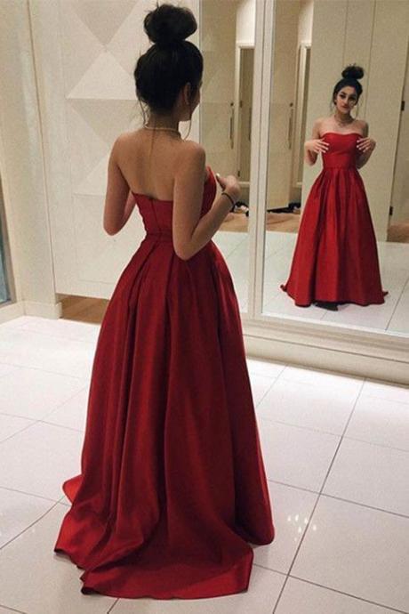 2017 Custom Made Red Prom Dress,Strapless Evening Dress,Sleeveless Party Dress
