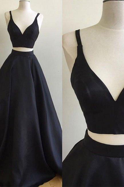 2017 Custom Made Two Pieces Prom Dress,Spaghetti Straps Evening Dress,Navy Blue Party Dress,High Quality