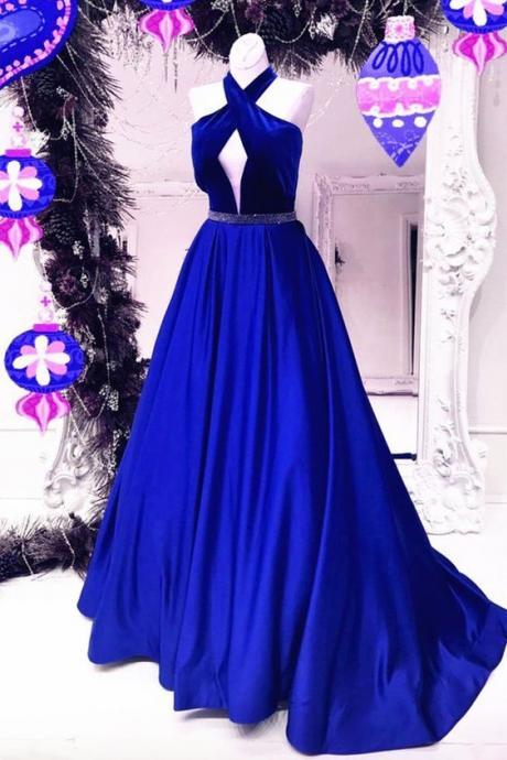 2017 Custom Made Royal Blue Prom Dress,Halter Party Dress,Sleeveless Party Dress,High Quality