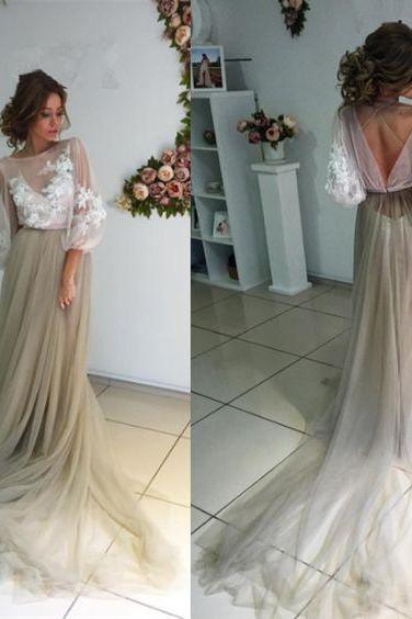 2017 Charming Long Sleeves Unique Applique Long Prom Dresses