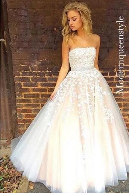 2017 Custom Made Charming White Appliques Prom Dress,Strapless Evening Dress,Floor Length Party Dress