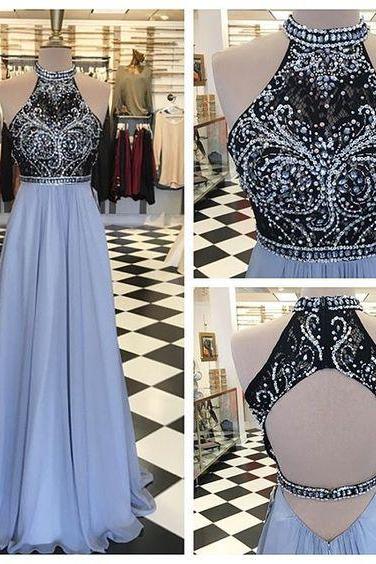 2017 Custom Made Charming Halter Prom Dress,chiffon Beaded Evening Dress,sleeveless Party Dress