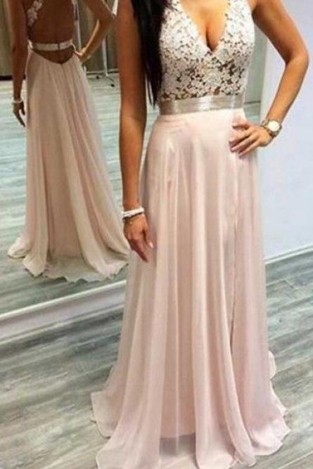 2017 Custom Made Pink Chiffon Prom Dress, Halter V-neck Party Dress,Sleeveless Prom Dress,high quality