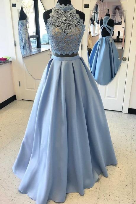 2017 Custom Made Two Pieces Prom Dress,halter Party Dress,lace Prom Dress,high Quality