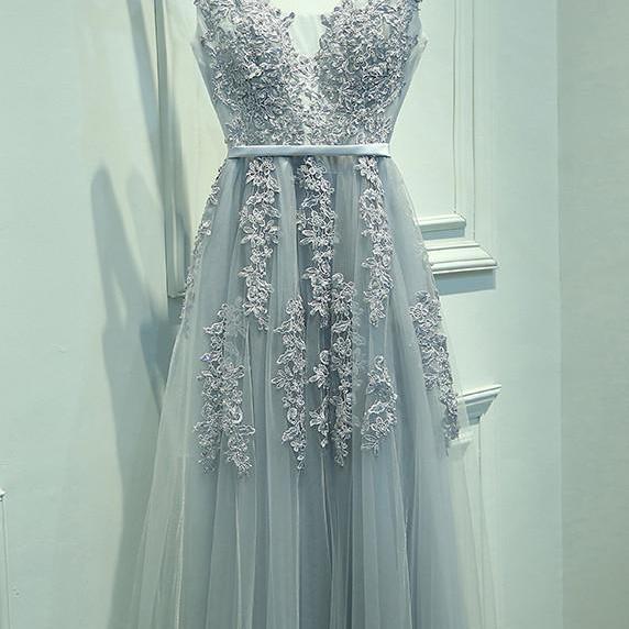 Short Sleeves V-neck Applique Chiffon A-Line Dress Grape main image 1