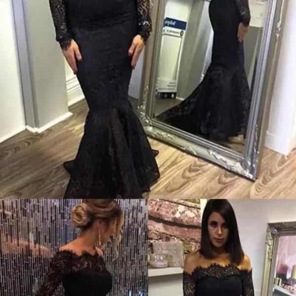 Black Mermaid Off Shoulder Long Sleeves Lace Sexy Prom Dress on Luulla