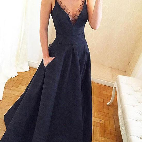 Unique Black Vneck Long Prom Dress With Pockets Long Formal Dress on